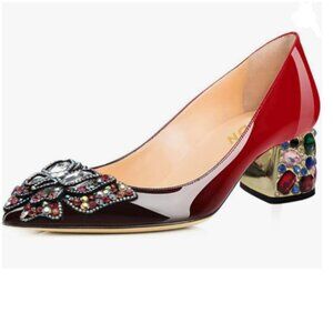 YDN Black/Red Pointed Toe Bow Colorful Rhinestone Block Low Heel Butterfly Pumps